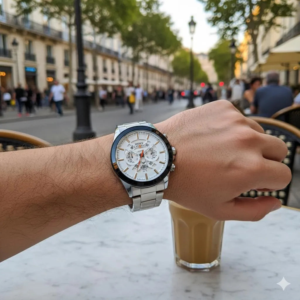 CAS S RAY Men's Chronograph Style Quartz Watch - Silver & White Dial