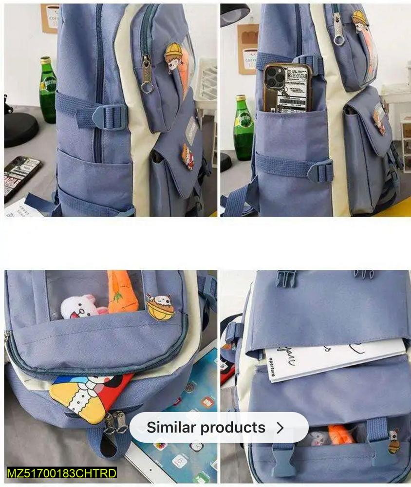 4 Pcs Girl's Casual Backpack, Charcoal